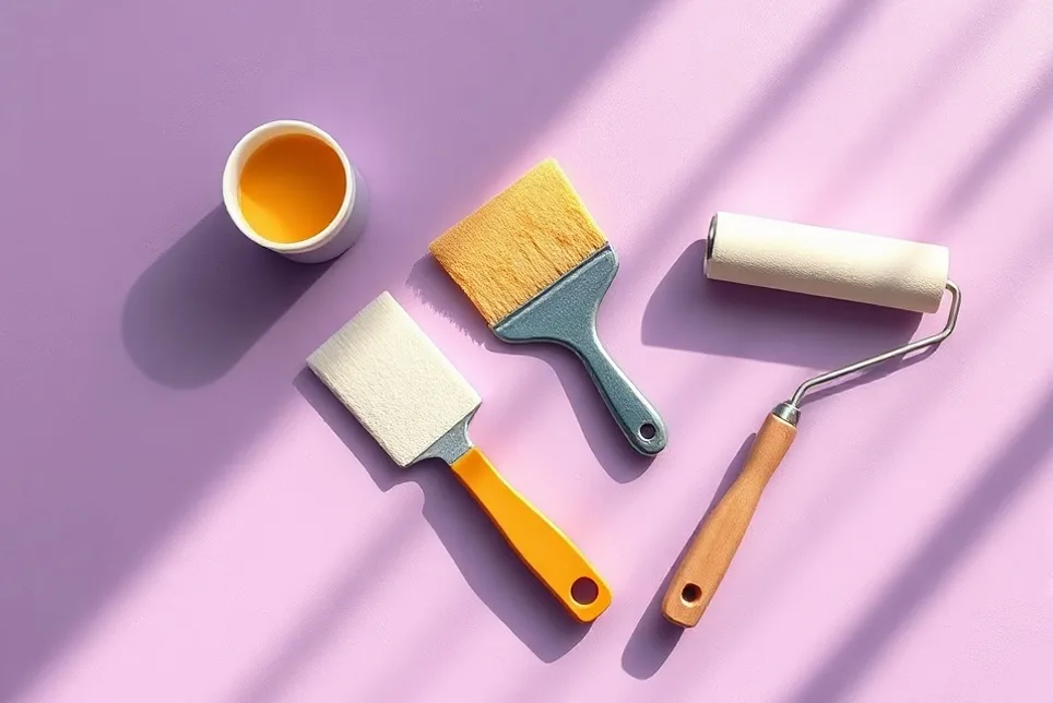 Outils de peinture disposés dans l'ordre des étapes du chantier