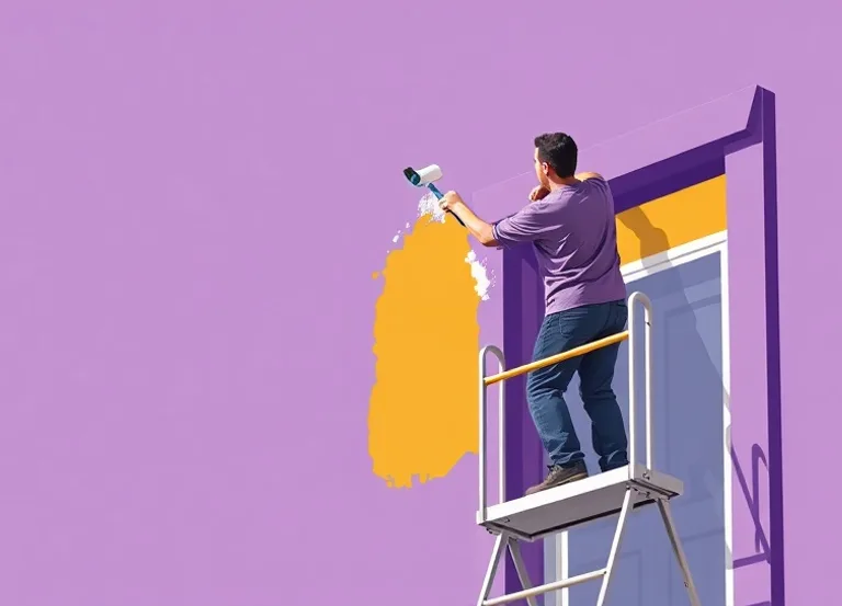 Peintre sur échafaudage traitant la façade d'une maison