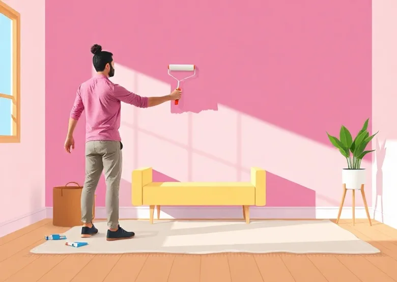 Peintre appliquant la peinture au rouleau sur un mur de salon